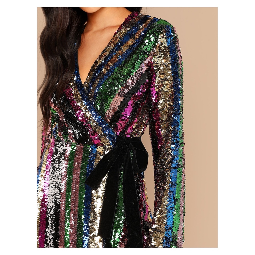 Colorful Rainbow Wrap Sequin Cocktail Dress - Picture 3 of 8